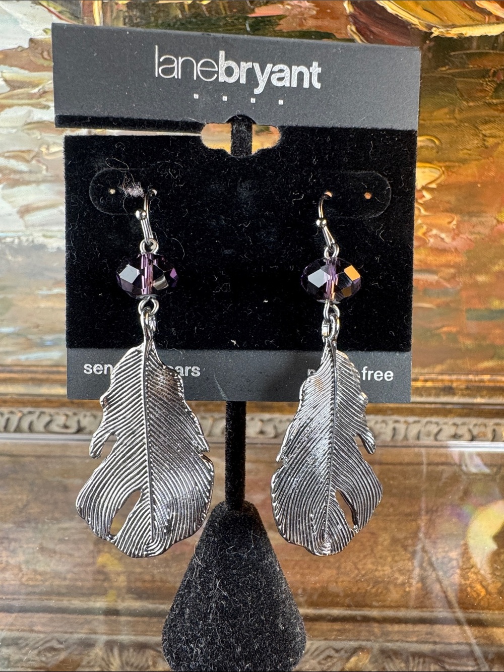 0471-Lane Bryant Silver Feather Earrings with Purple Beads